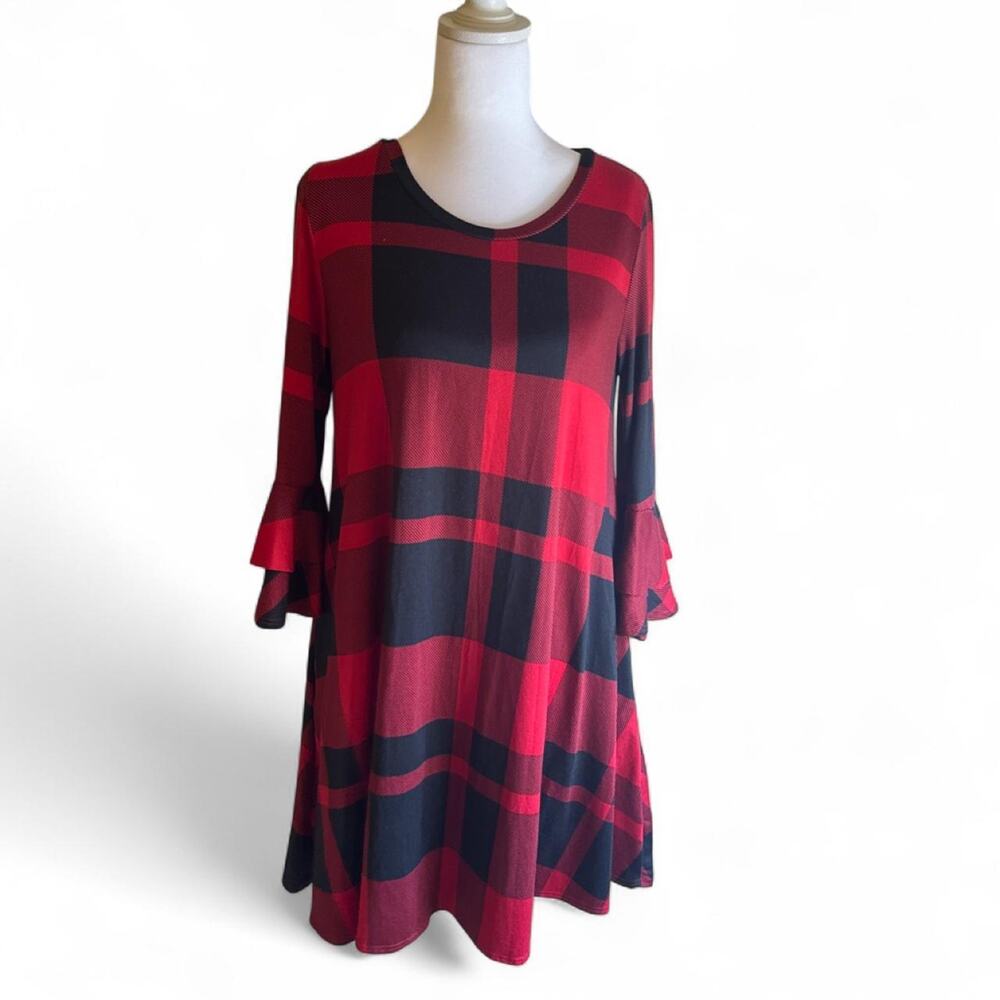 Unbranded Plaid Tunic Dress Womens Medium Red Black Good Ruffle Bell Sleeve